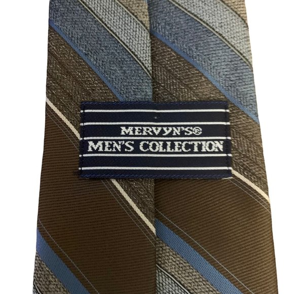 Vintage 80s Mervyns Necktie 3.25 in Brown Blue Striped Silk Blend - Picture 4 of 5